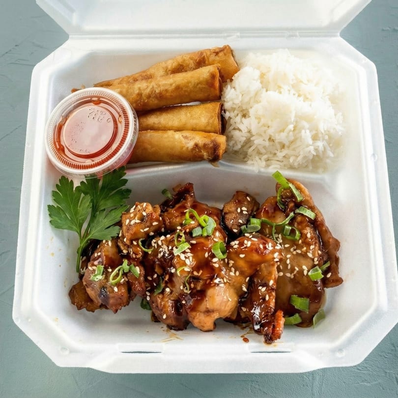 Teriyaki chicken with rice, egg rolls, and sweet and sour sauce in a styrofoam takeout container.