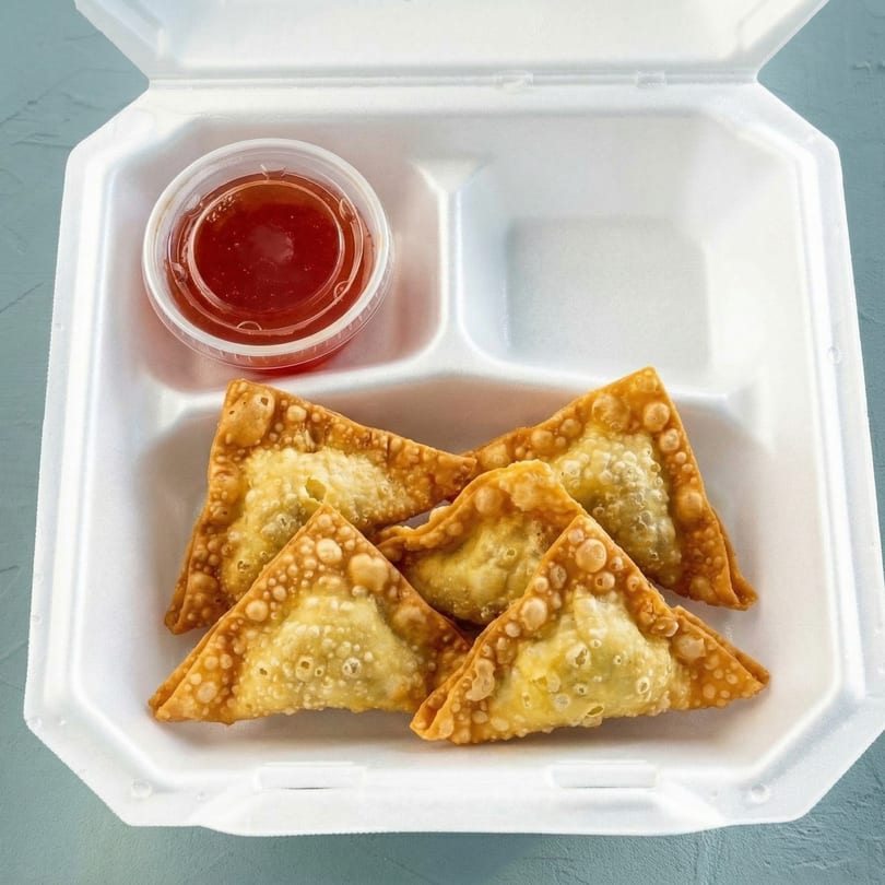 Golden-brown crab rangoon and a cup of sweet and sour sauce in a white takeout container.